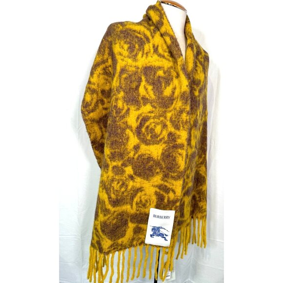 $985 NWT Burberry Mustard Floral Fringe Alpaca Wool Blend Large Shawl Scarf - Picture 2 of 16
